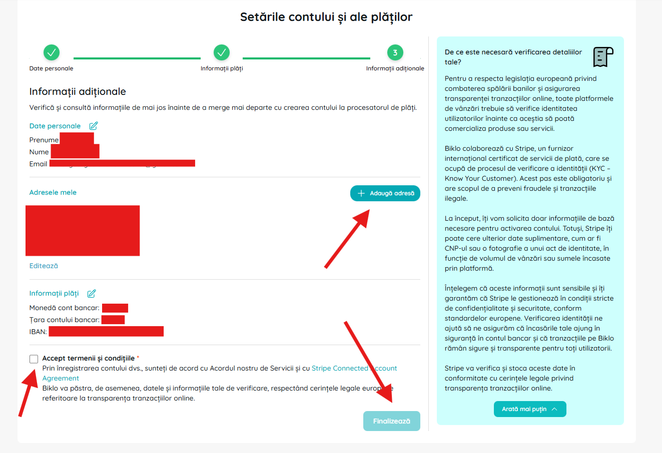 Ifyllande av ytterligare information och avtal i processen för att skapa ett Biklo-finansiellt konto